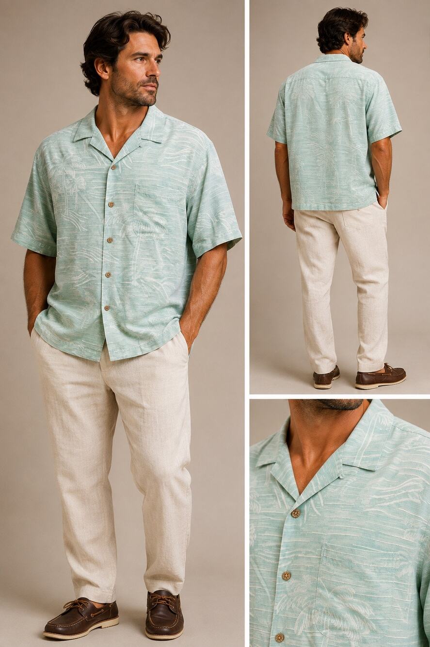 Tommy Bahama 100% Silk Hawaiian Camp Shirt Aqua Palm Print Men’s Medium
